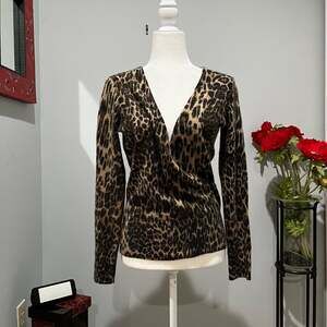NEW Sarah Spencer Wool Angora Spotted Leopard Faux Wrap V-Neck Sweater S NWOT